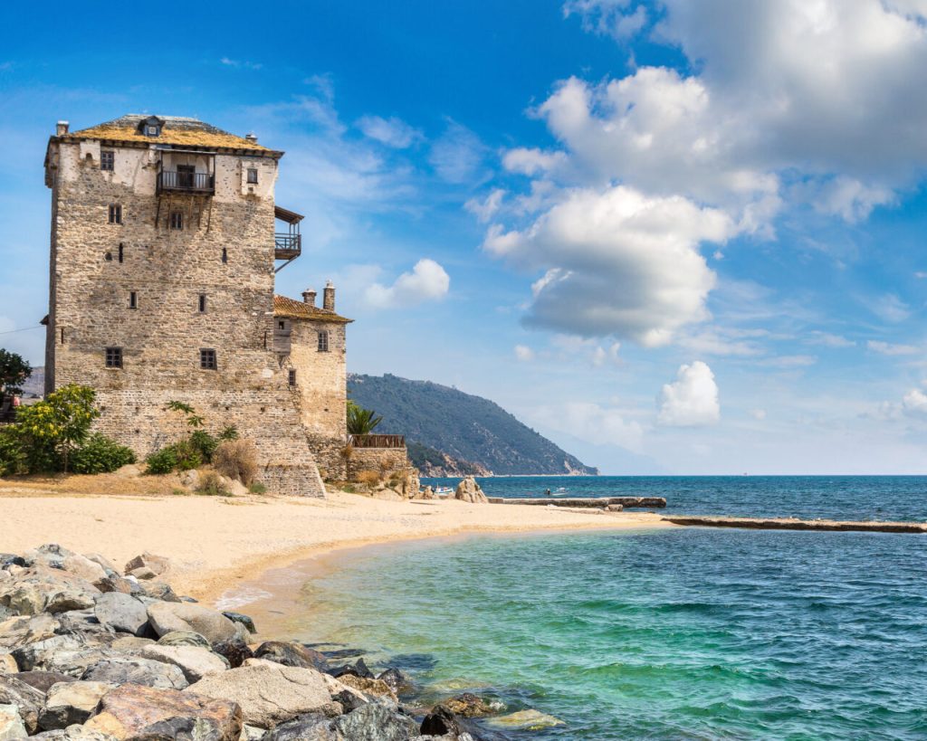 Ouranoupolis tower in Chalkidiki, Greece in a summer day