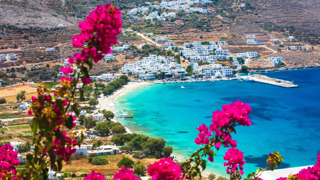 Best beaches of Greece in Cyclades. Stunning Greek beaches in Amorgos island, scenic Aegialis bay with turquoise sea